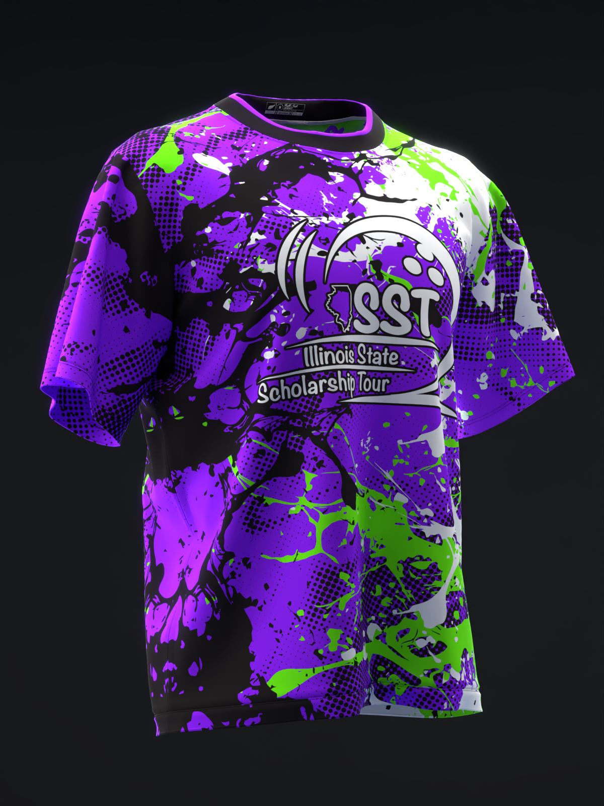 Purple and neon green splatter bowling jersey with Illinois State Scholarship Tour graphic