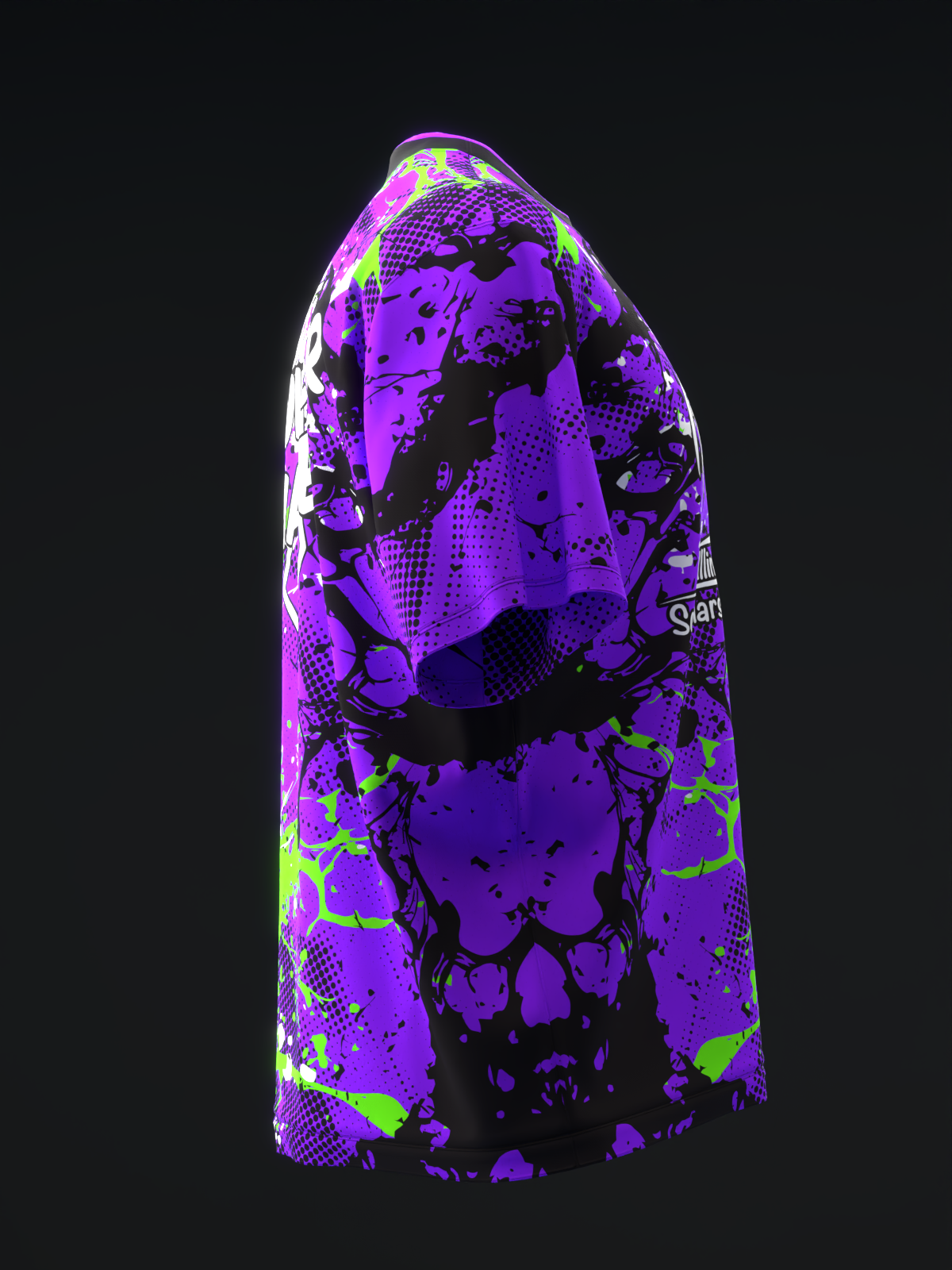 Purple bowling jersey with neon splatter and halftone pattern, side view