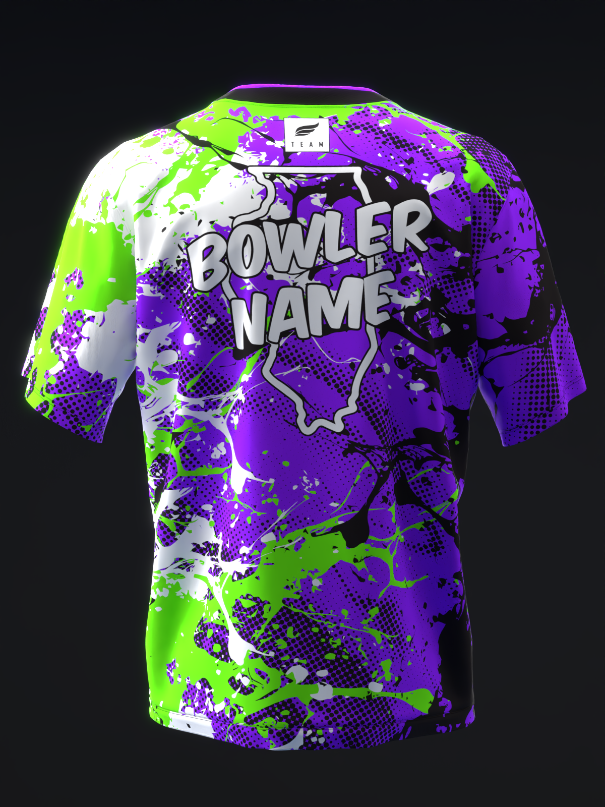Purple, lime green, and white splatter-patterned bowling jersey with bowler name graphic front view