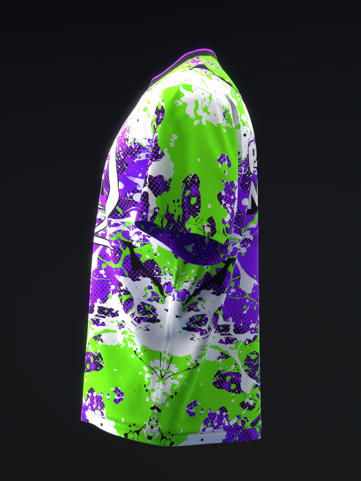 Bowling jersey with neon green, purple, white splatter pattern, front view