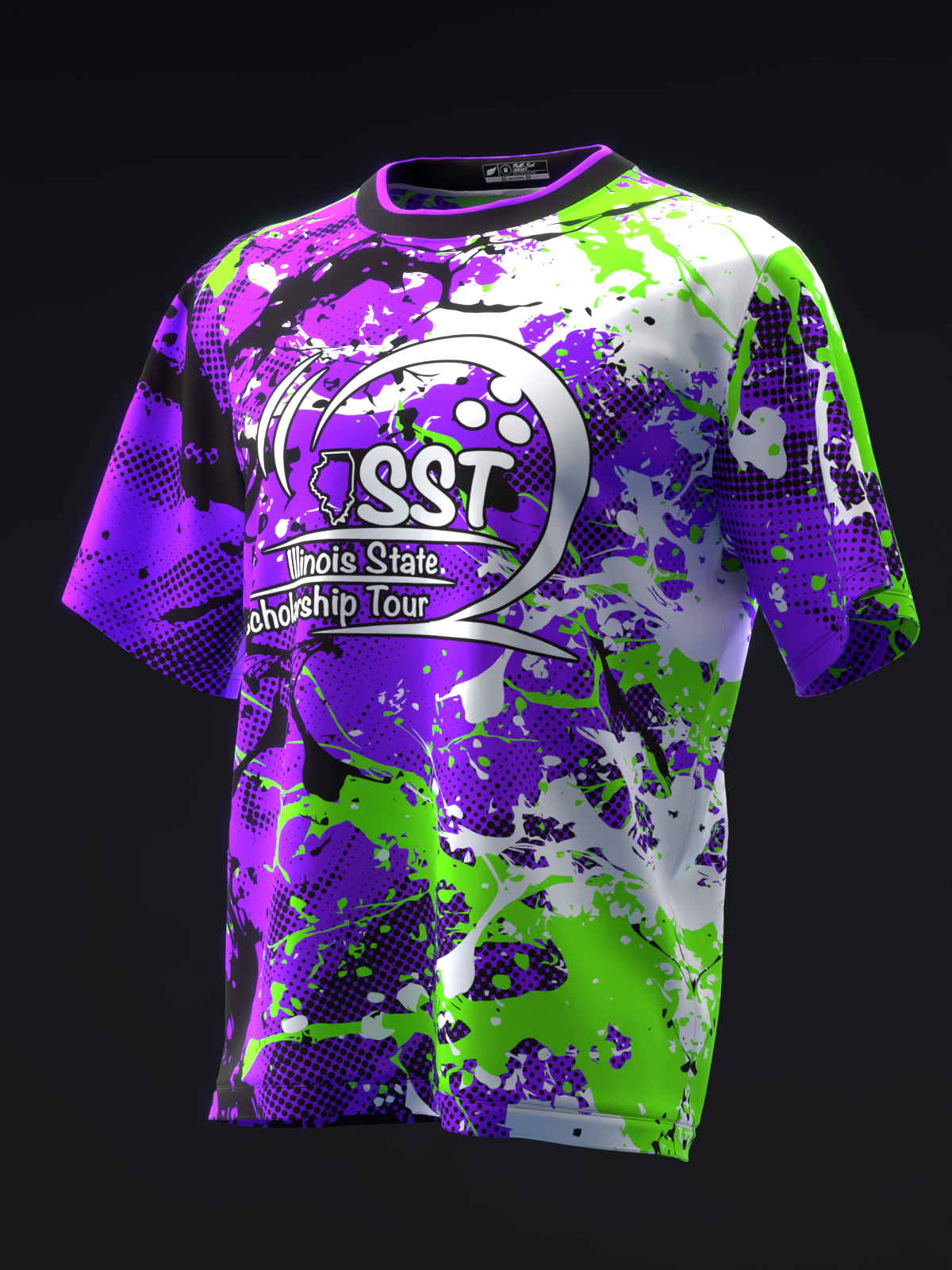 Purple, neon green, and white splatter bowling jersey with ISST logo and text