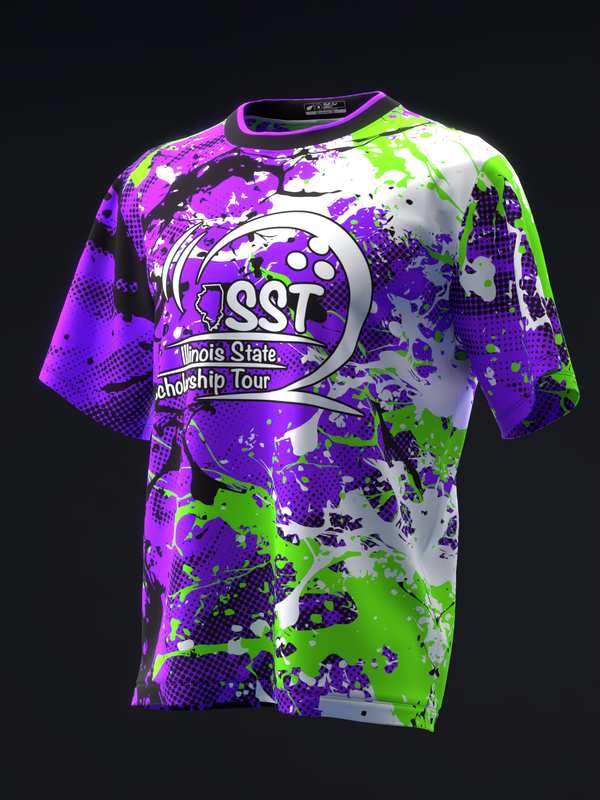 Purple, neon green, and white splatter bowling jersey with ISST logo and text