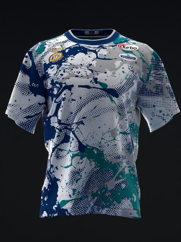 Navy, gray, and teal splatter and halftone pattern bowling jersey front view
