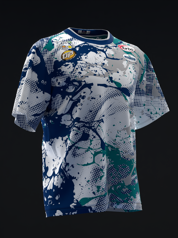 Navy, white, and teal bowling jersey with splatter and dotted pattern design