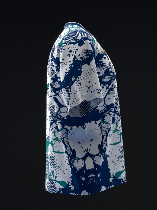 Navy blue and white bowling jersey with splatter and abstract pattern design