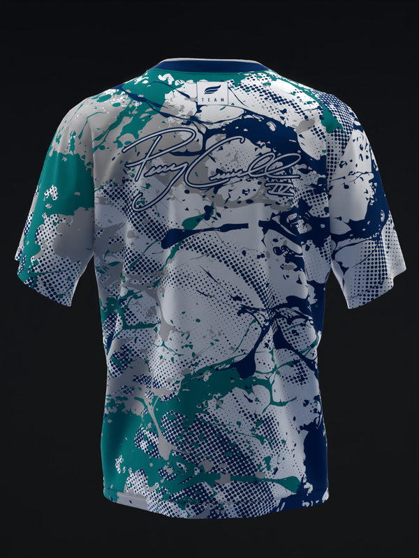 Teal, navy, and white splatter pattern bowling jersey front view with script graphic