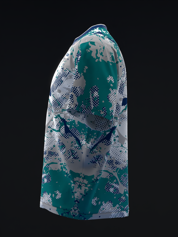 Teal and white bowling jersey with splatter and geometric pattern, side view