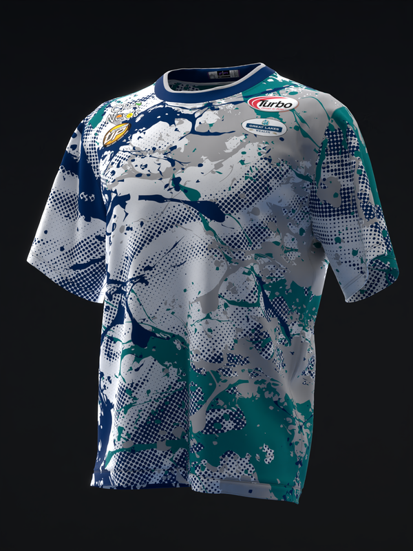 Gray bowling jersey with navy, teal, and white splatter and halftone pattern design