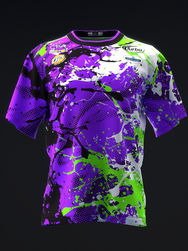 Purple and neon green splatter bowling jersey with black accents, front view