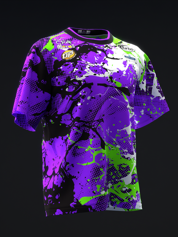 Purple bowling jersey with neon green and black splatter pattern, front view
