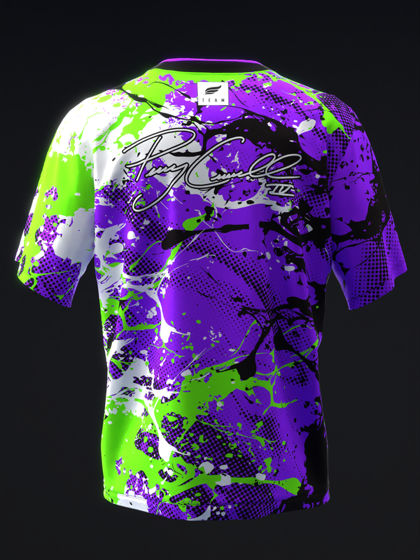 Purple, lime green, and white bowling jersey with splatter and halftone pattern, front view.