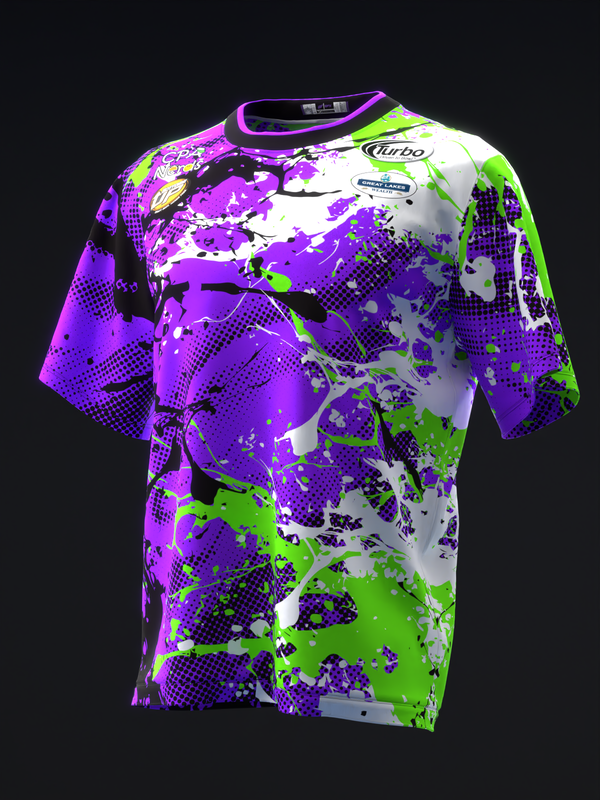 Purple and neon green splatter pattern bowling jersey, front view displayed on form
