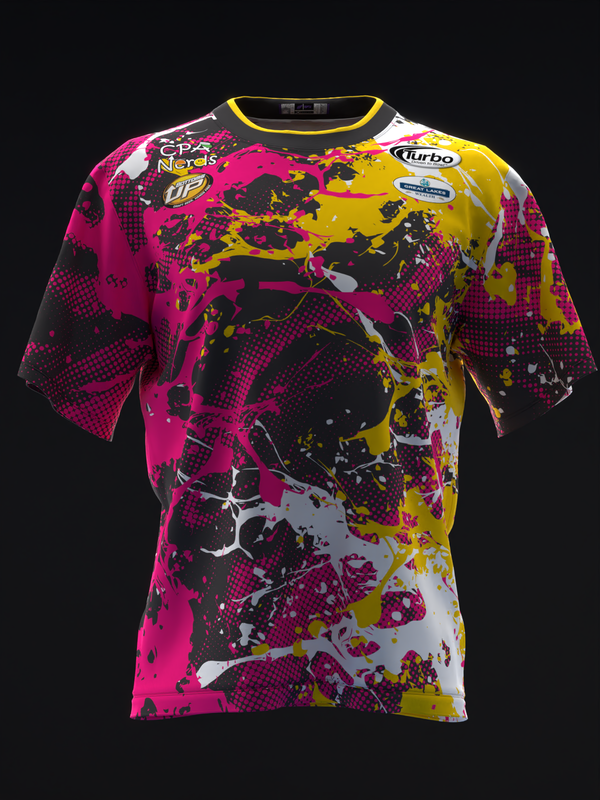 Front view of bowling jersey with magenta, yellow, black, and white splatter design