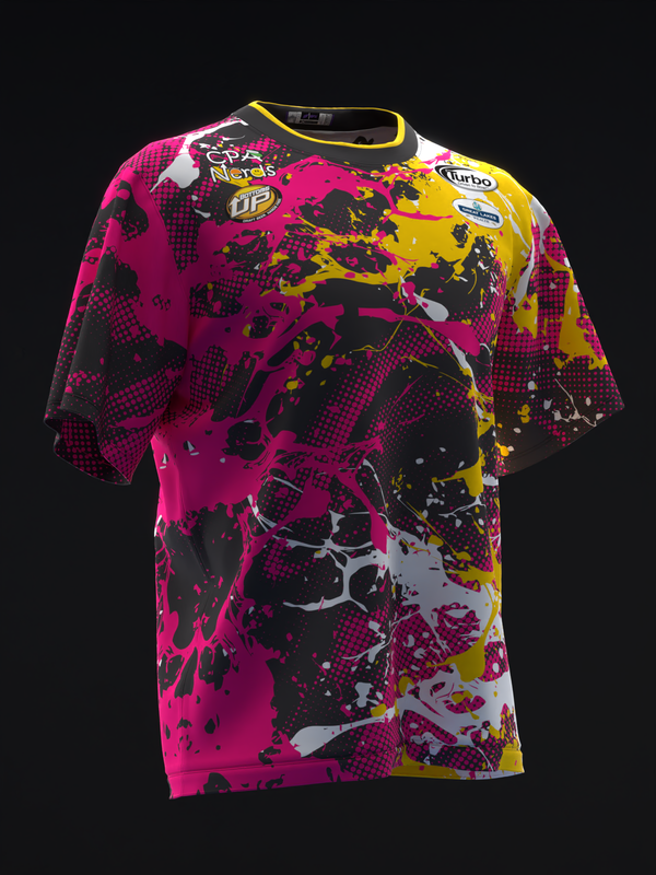 Bowling jersey with bold splatter design in magenta, yellow, and black