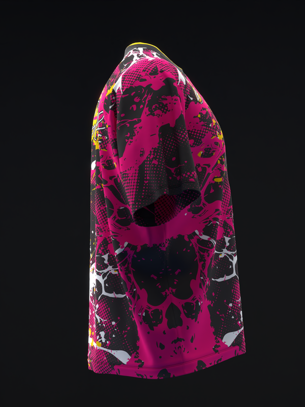 Hot pink bowling jersey with black and white splatter pattern, side view