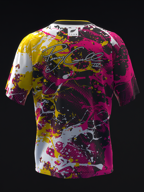 Bowling jersey with magenta, yellow, and white splatter paint design and signature graphic
