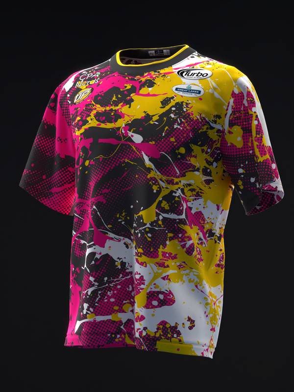 Bowling jersey front with magenta, yellow, and black splatter paint design pattern