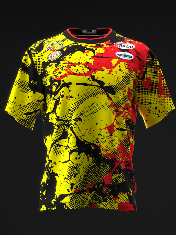 Yellow, red, and black splatter bowling jersey with halftone pattern, front view