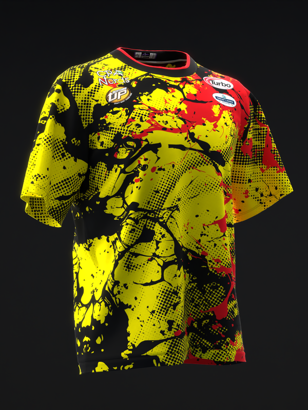 Bowling jersey with yellow, red, black splatter pattern and halftone design