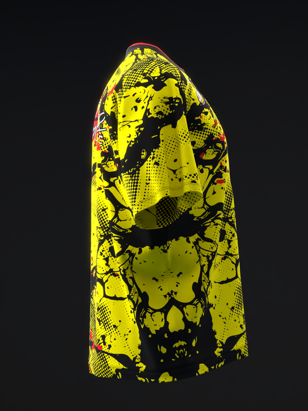 Yellow bowling jersey with black and red splatter and halftone pattern, front view