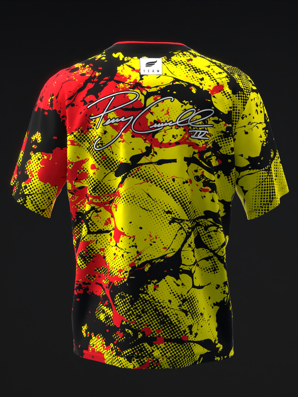 Red, yellow, and black splatter pattern bowling jersey front view
