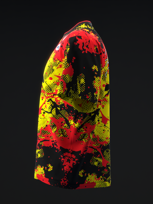 Bowling jersey with red, yellow, and black splatter pattern design