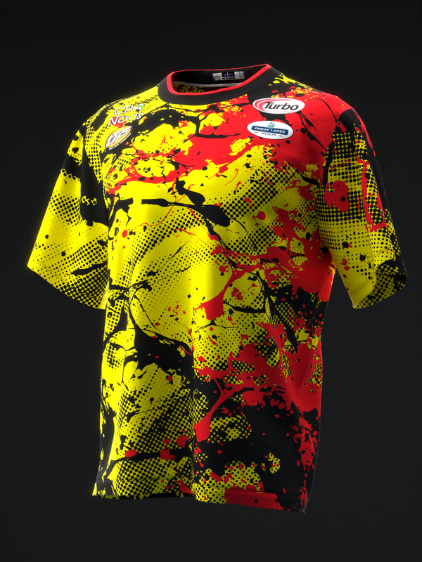 Red, yellow, and black splatter and halftone pattern bowling jersey front view