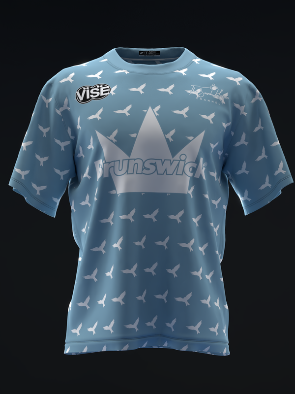 Blue bowling jersey with repeated bird pattern and crown graphic on front