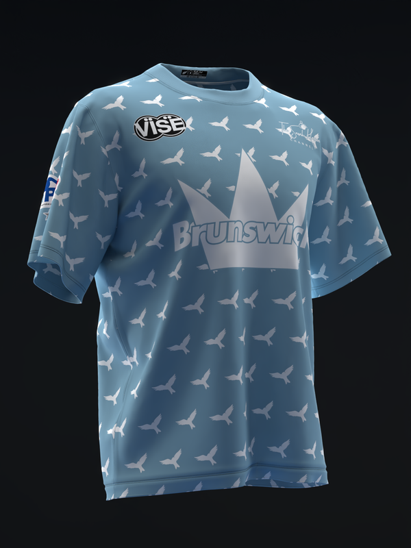 Light blue bowling jersey with repeating bird silhouettes and Brunswick logo front