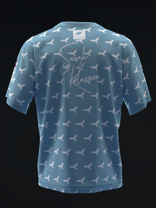 Blue bowling jersey with white bird pattern and cursive signature graphic, back view
