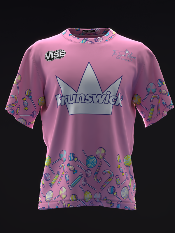 Pink bowling jersey with silver crown graphic and colorful candy pattern design