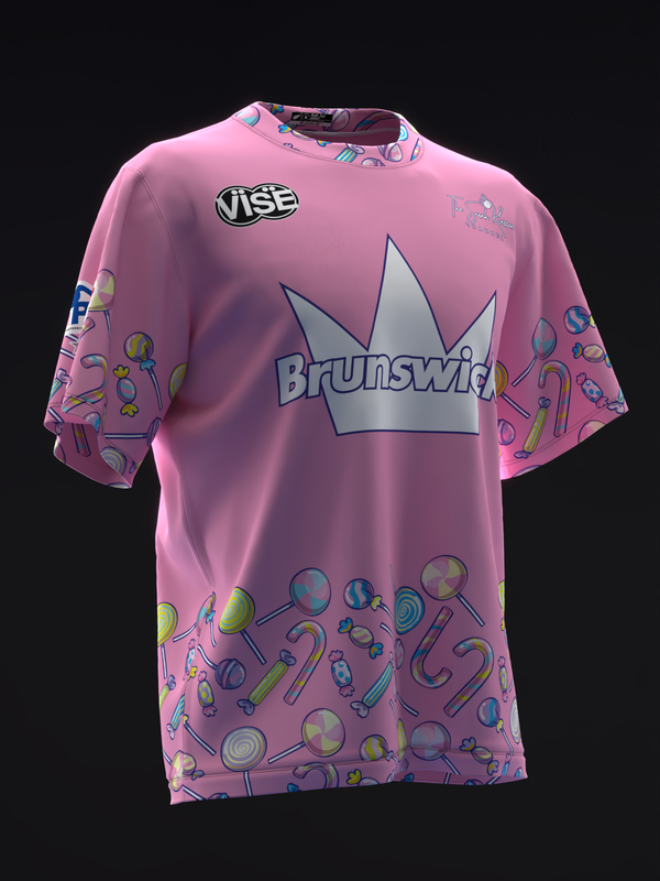 Pink bowling jersey with Brunswick crown logo and colorful candy pattern throughout