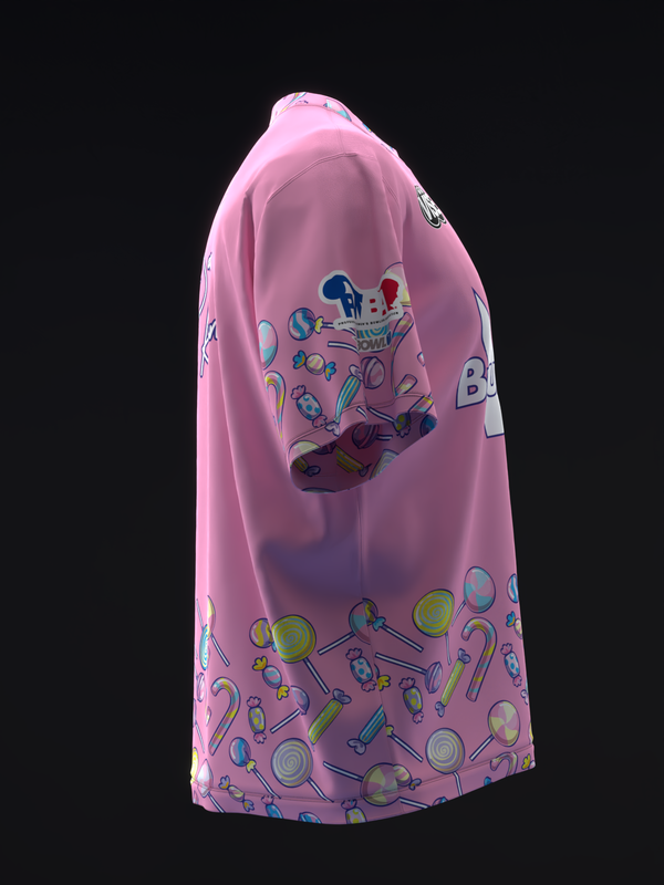 Pink bowling jersey with colorful candy and lollipop graphics throughout, side view