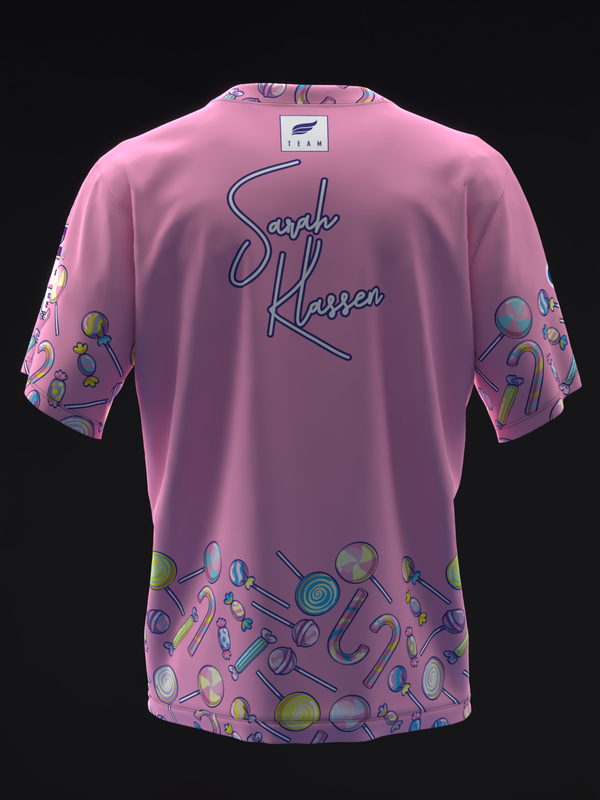 Pink bowling jersey with candy design and Sarah Klassen signature, back view