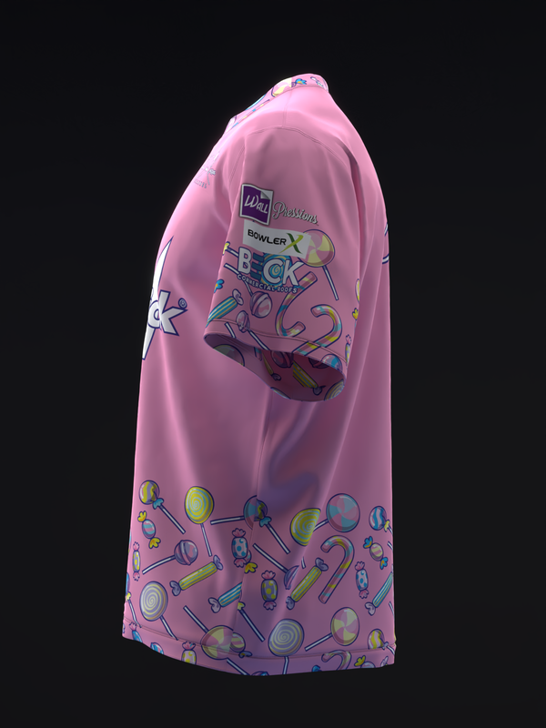Pink bowling jersey with colorful bowling pin and ball graphics throughout