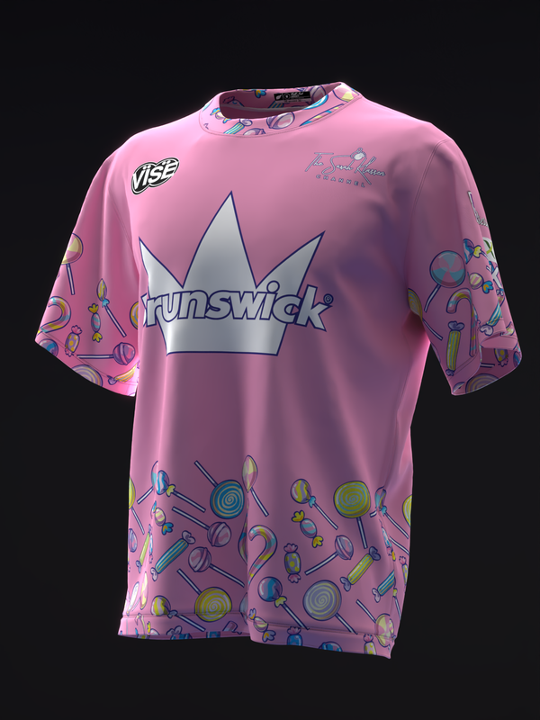 Pink bowling jersey with silver crown logo and colorful candy pattern throughout
