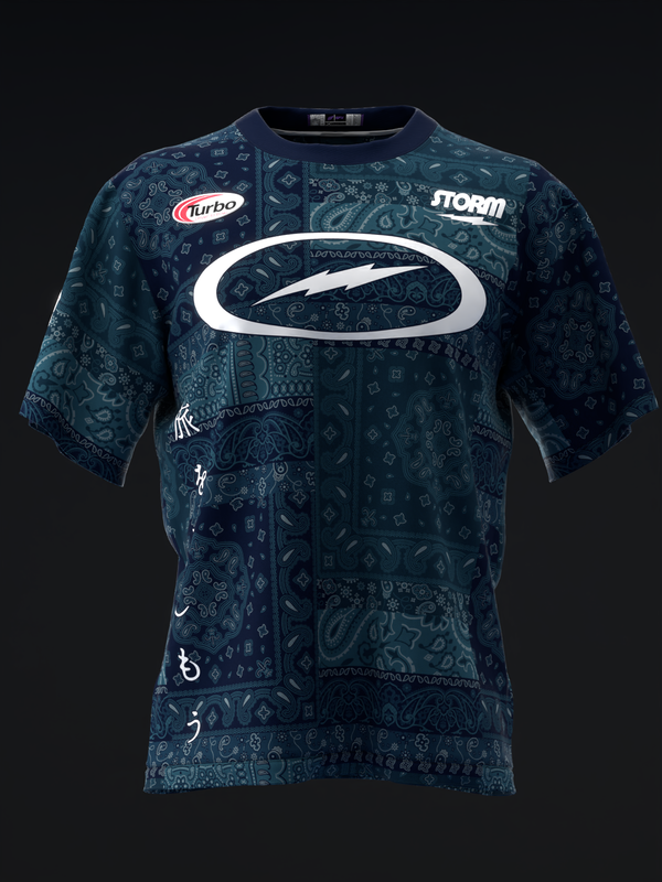 Dark teal bowling jersey with white oval logo and paisley bandana pattern throughout