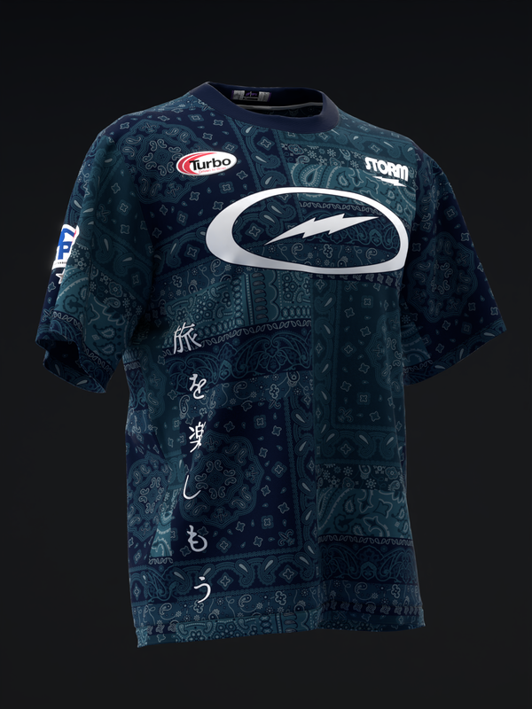Dark teal bowling jersey with white lightning logo and paisley bandana pattern throughout