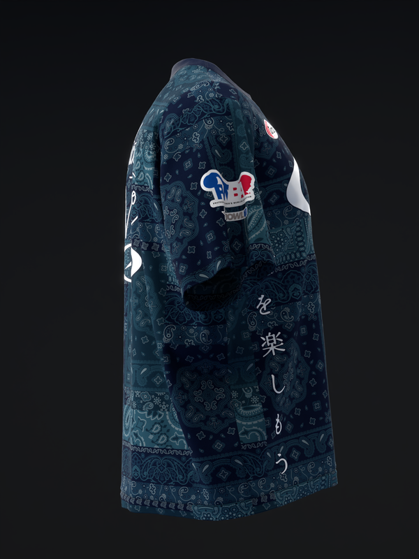 Dark blue bowling jersey with paisley pattern and Japanese characters, back view
