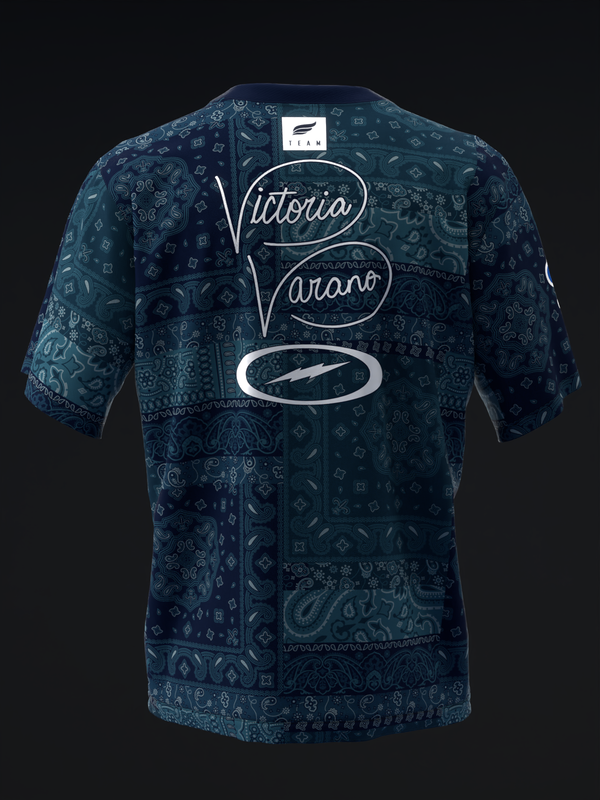 Dark blue bowling jersey with paisley bandana pattern and script text design, back view