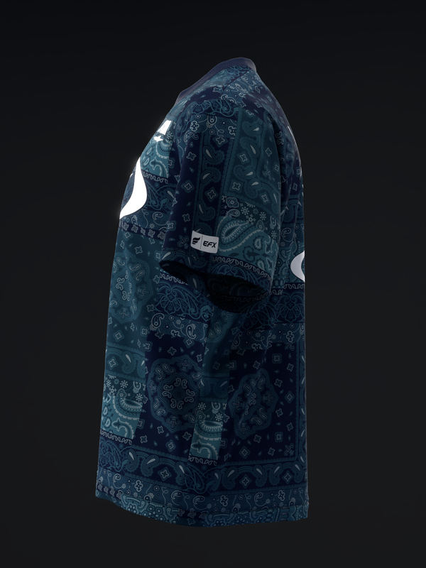 Navy bowling jersey with bandana paisley pattern and white shoulder accents, side view