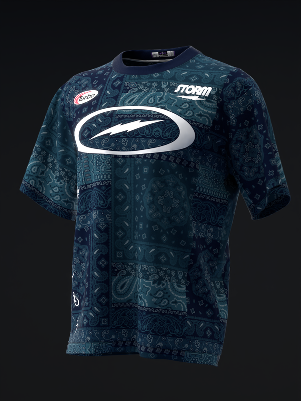 Storm bowling jersey in navy with paisley bandana pattern and white logo