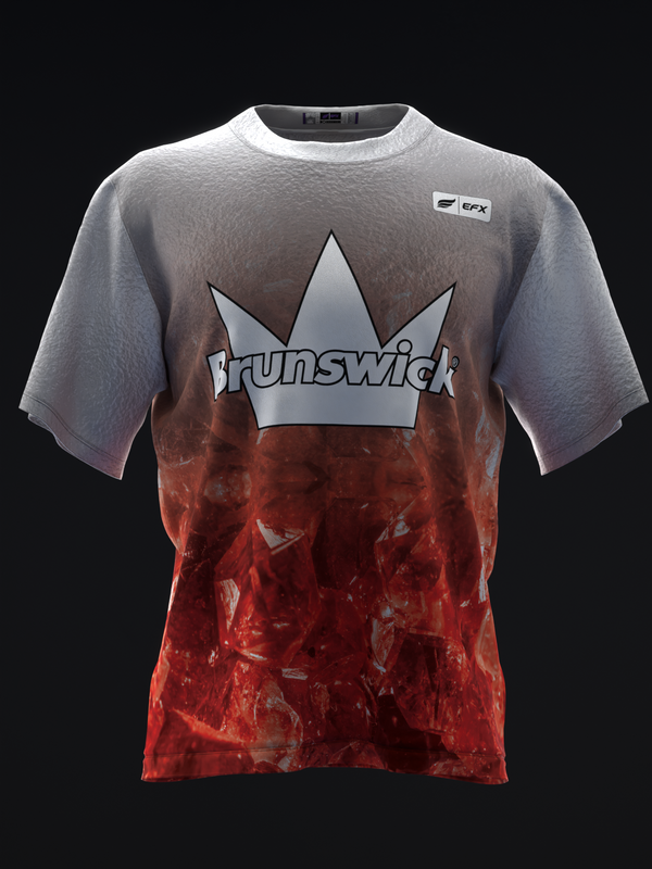 Front view of gray and red ombre bowling jersey with silver crown graphic and Brunswick text