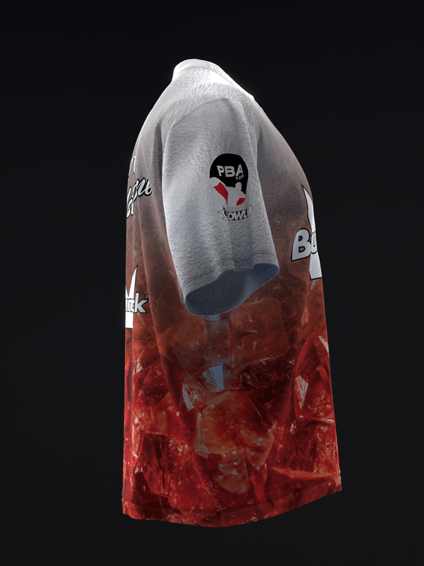 Red and white dip-dye bowling jersey with PBA logo and graphic design, side view