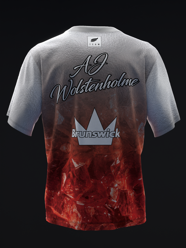 Back view of bowling jersey with red flame gradient, white crown logo, and script text