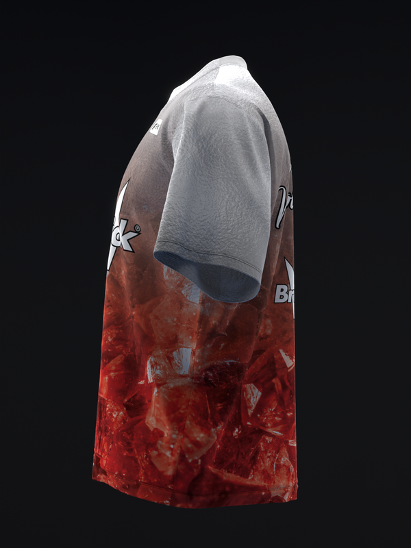 Red and white bowling jersey with marble texture pattern, side view