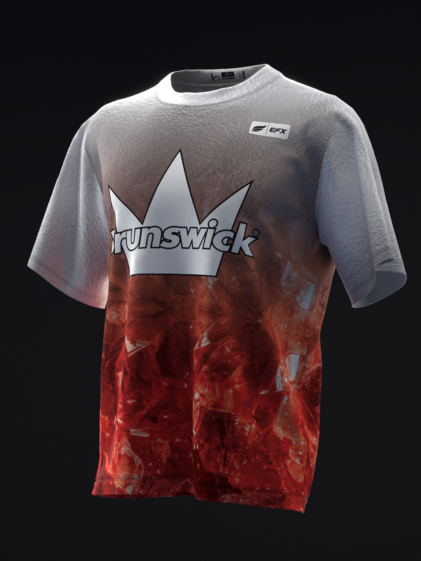 Front view of bowling jersey with grey top, red tie-dye bottom, and white crown logo with Brunswick text.