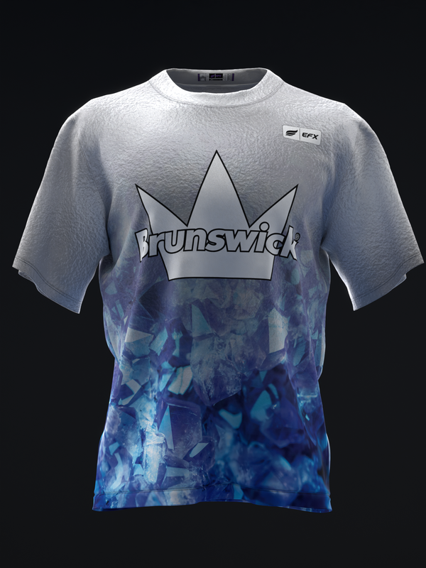 Front view of gray and blue gradient bowling jersey with crown logo and Brunswick text