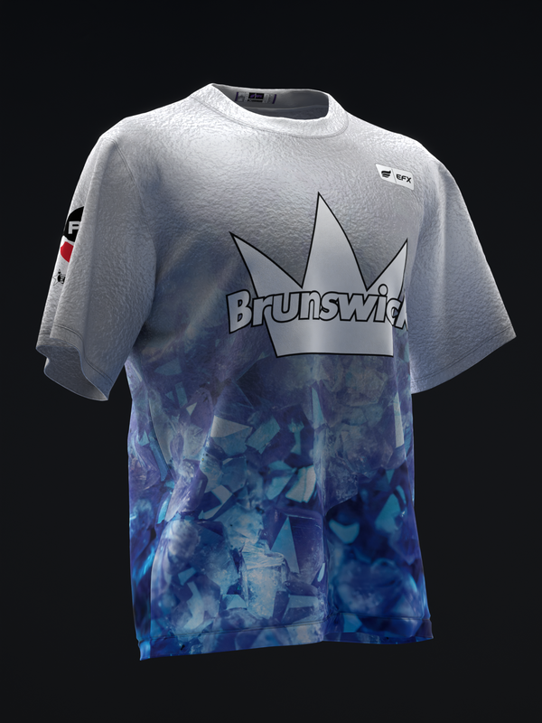 White and blue ombre bowling jersey with Brunswick crown logo graphic front view