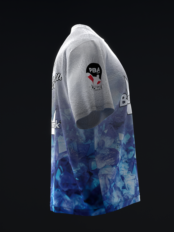 White and blue ombre bowling jersey with graphic design detail, side view